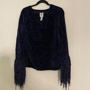 Chenille Sweater Fringe Cuffs Plunge Neck Midnight Blue Whimsygoth Fairy Medium‎